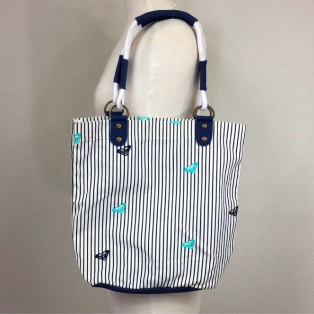 Roxy Navy Turquoise Embroidered Monogram Cotton Stripe Rope Handle Tote Coastal